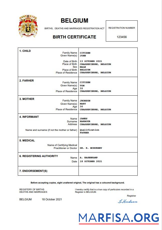 Printable Belgium vital record birth certificate Word and PDF download for verification